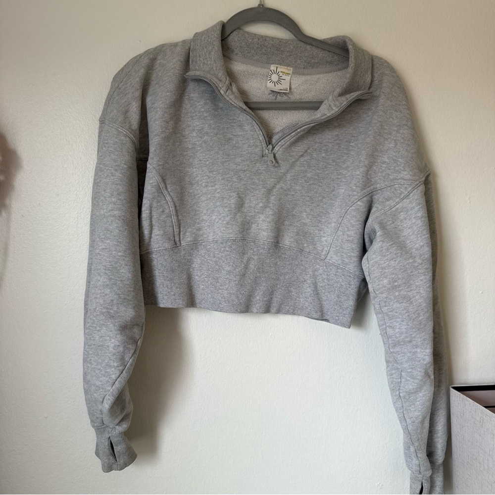 aerie Light Gray Cropped Quarter-Zip Sweatshirt